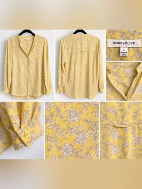 Rose + Olive Yellow Floral Long Sleeve Blouse Size L